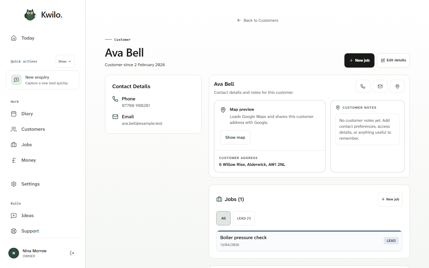 Kwilo customer record showing Ava Bell’s contact details, notes and a connected boiler pressure job