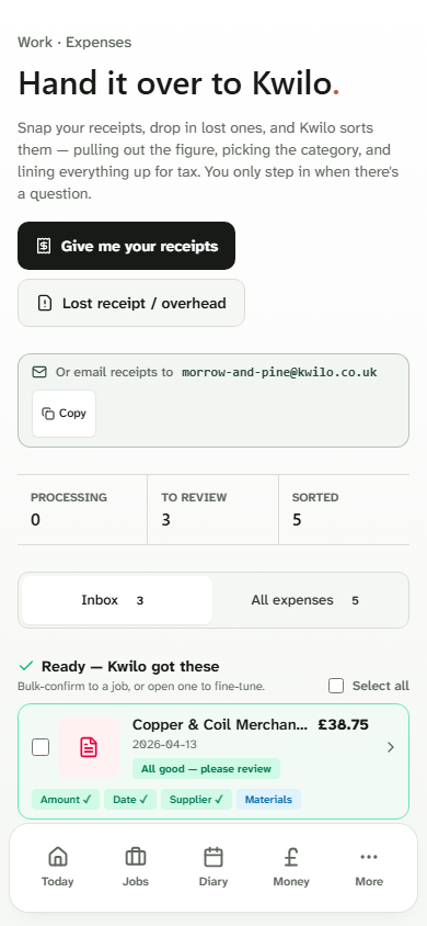 Kwilo expenses inbox on mobile showing receipt choices and an item ready to review
