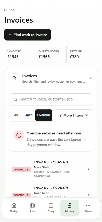 Kwilo overdue invoices view showing three invoices that need attention