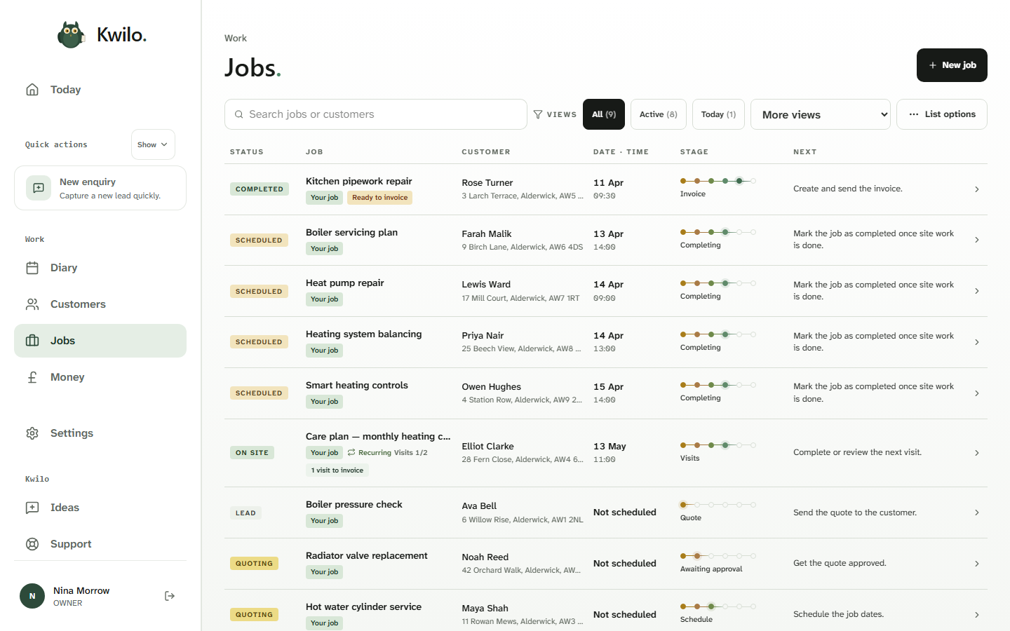 Kwilo jobs list showing nine jobs with customers, dates, stages and next actions