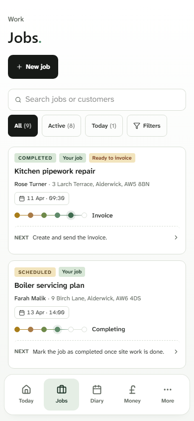 Kwilo jobs list on mobile showing work at different stages