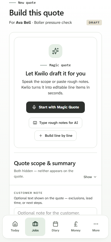 Kwilo Magic Quote entry for Ava Bell’s boiler pressure check job, with voice and typed-note choices