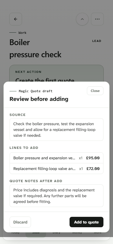 Kwilo Magic Quote showing suggested lines ready to review for Ava Bell’s boiler pressure check job