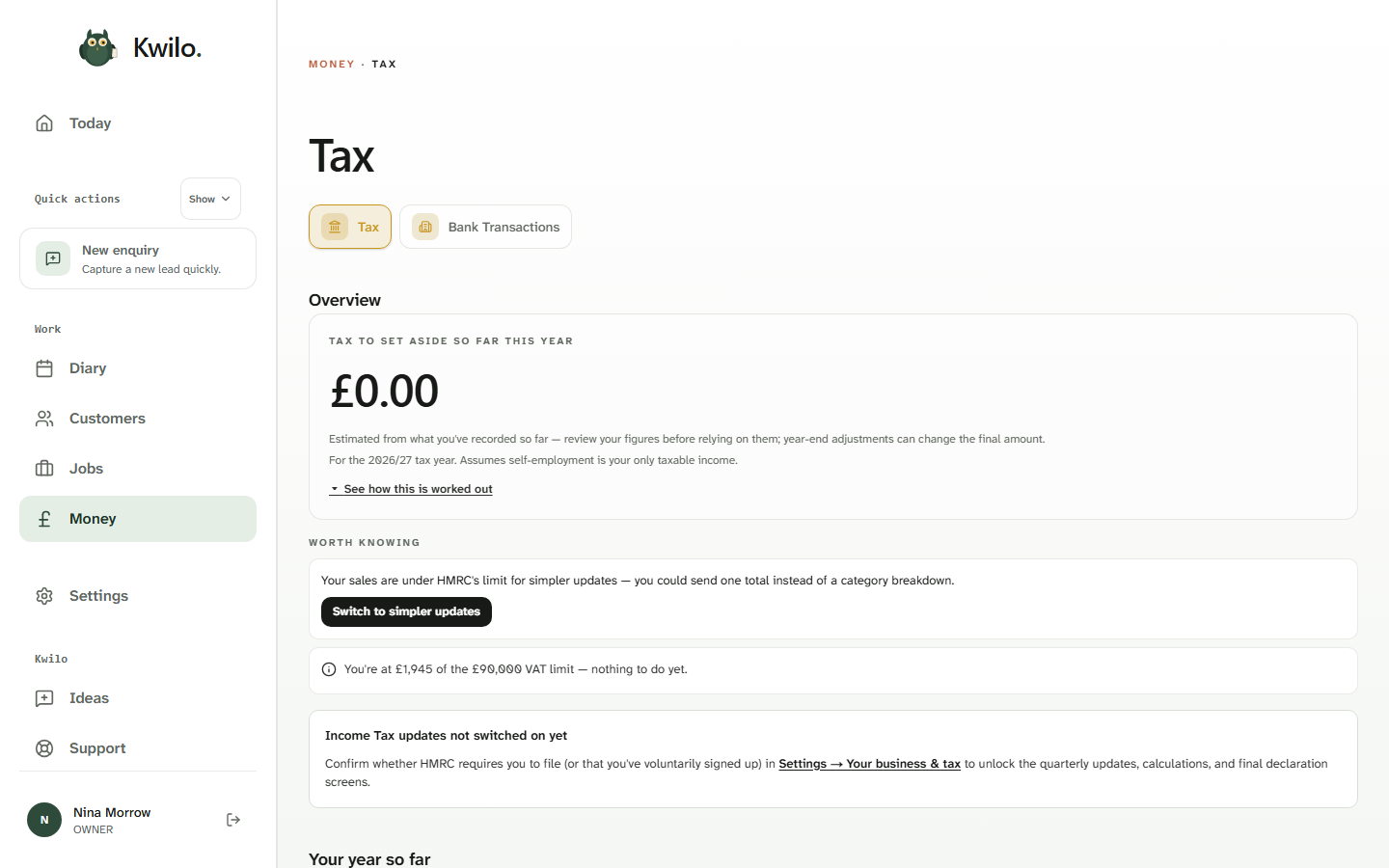 Kwilo Tax overview showing the estimated amount to set aside, MTD status and items worth checking